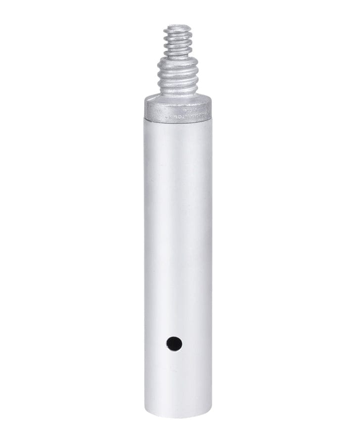 Vertical view of the Marshalltown adapter showing the full length from the push button connector end to the male threaded tip.