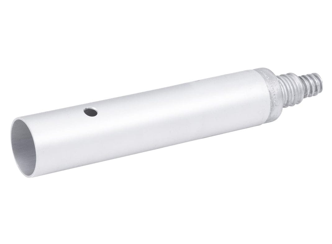 Angled studio view of the 15538 adapter showing the smooth aluminum body, the push button hole, and the male threaded end.