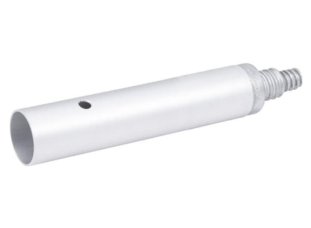 Angled studio view of the 15538 adapter showing the smooth aluminum body, the push button hole, and the male threaded end.