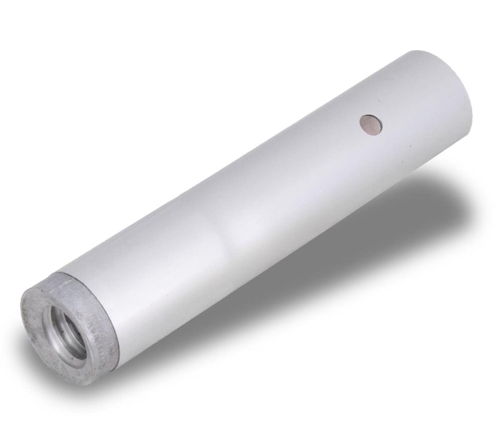 Studio shot of the Marshalltown push button adapter featuring a silver aluminum body and a female threaded end.