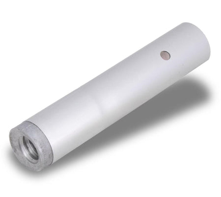 Studio shot of the Marshalltown push button adapter featuring a silver aluminum body and a female threaded end.