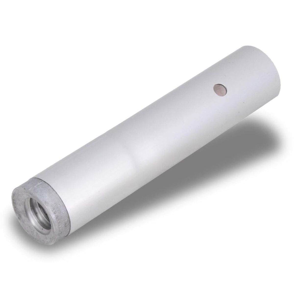 Studio shot of the Marshalltown push button adapter featuring a silver aluminum body and a female threaded end.