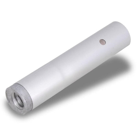 Studio shot of the Marshalltown push button adapter featuring a silver aluminum body and a female threaded end.