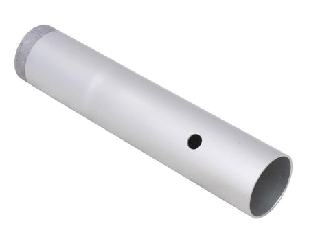 Angled view of the cylindrical adapter showing the smooth aluminum body and the side mounting hole.
