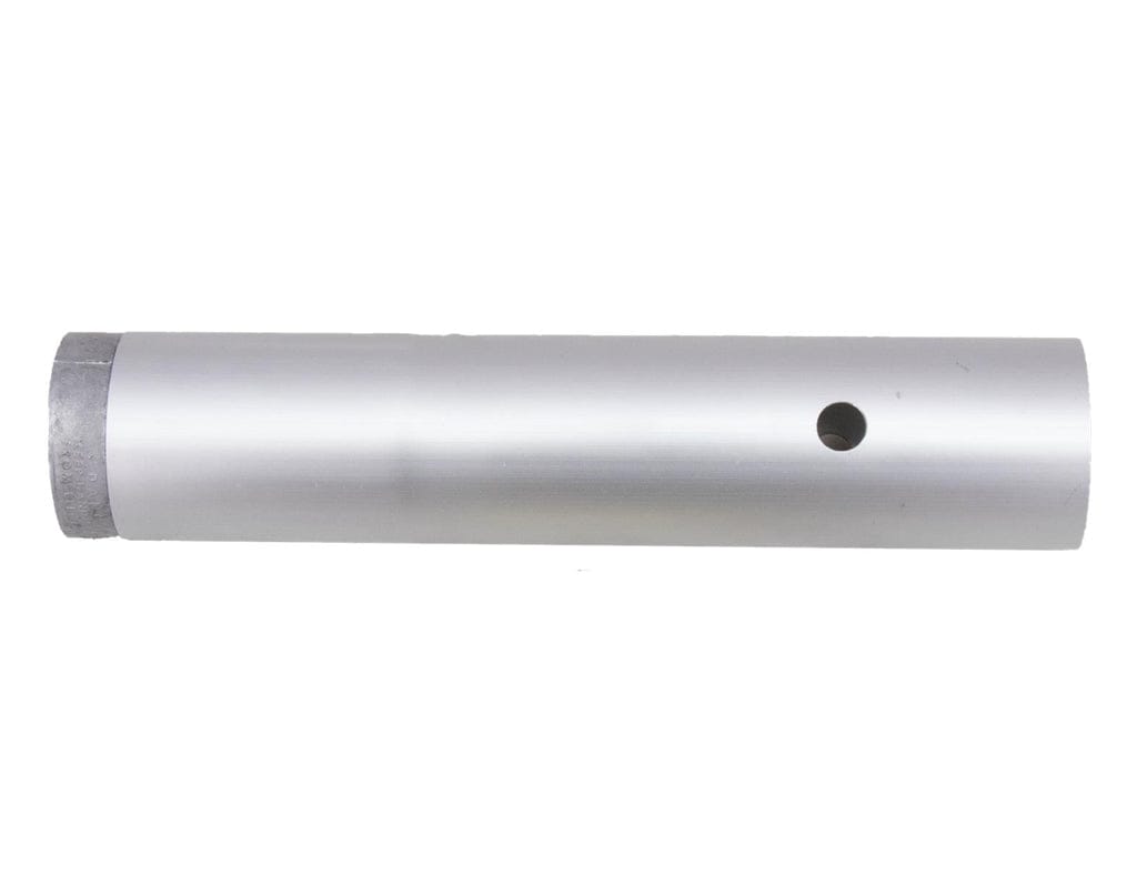 Direct side profile view of the silver aluminum adapter tube showing the circular hole for the push button attachment.