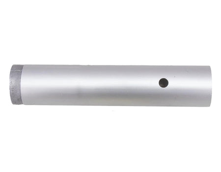 Direct side profile view of the silver aluminum adapter tube showing the circular hole for the push button attachment.