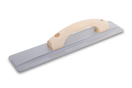 Studio view of the Marshalltown magnesium hand float showing the curved wood handle and grey blade profile.