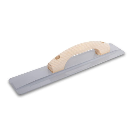 Studio view of the Marshalltown magnesium hand float showing the curved wood handle and grey blade profile.