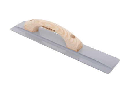 Angled view of the Marshalltown float highlighting the beveled ends of the 16 inch magnesium blade and round wood handle.