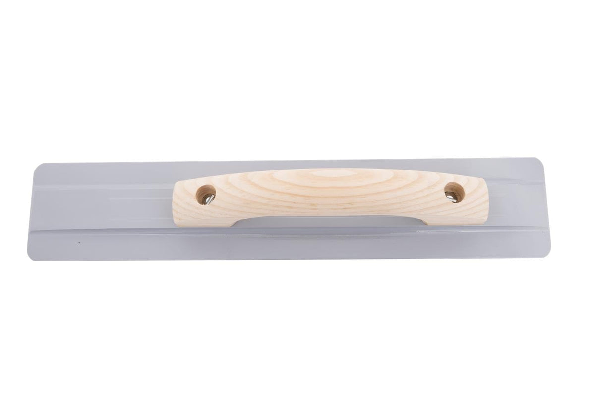 Top-down view of the Marshalltown hand float showing the wood handle secured to the magnesium blade with two screws.