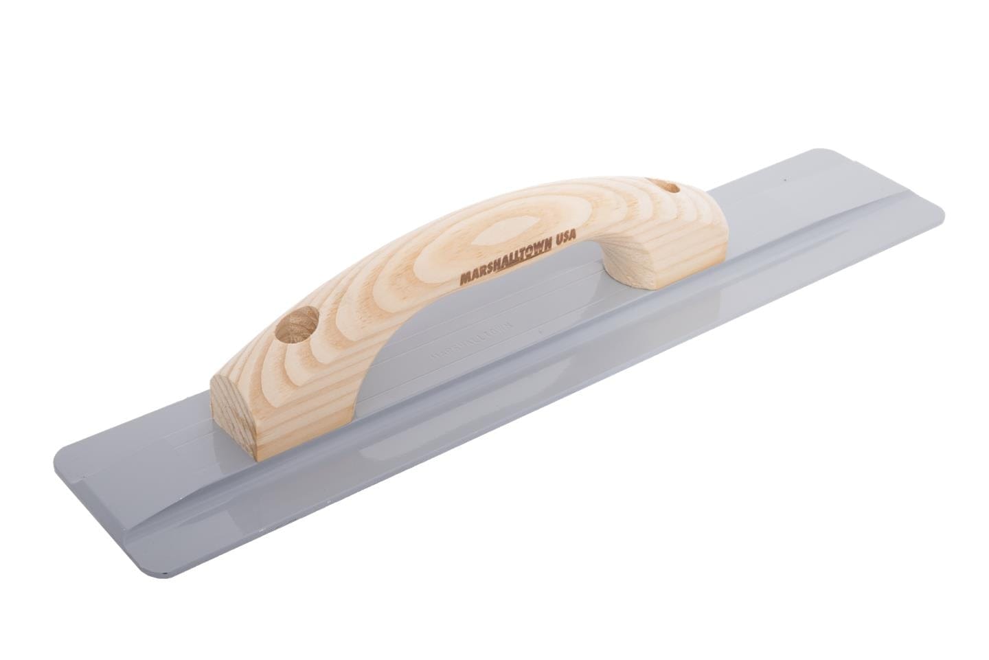 Angled top view of the Marshalltown float featuring a light wood handle branded with Marshalltown USA attached to the grey magnesium blade.