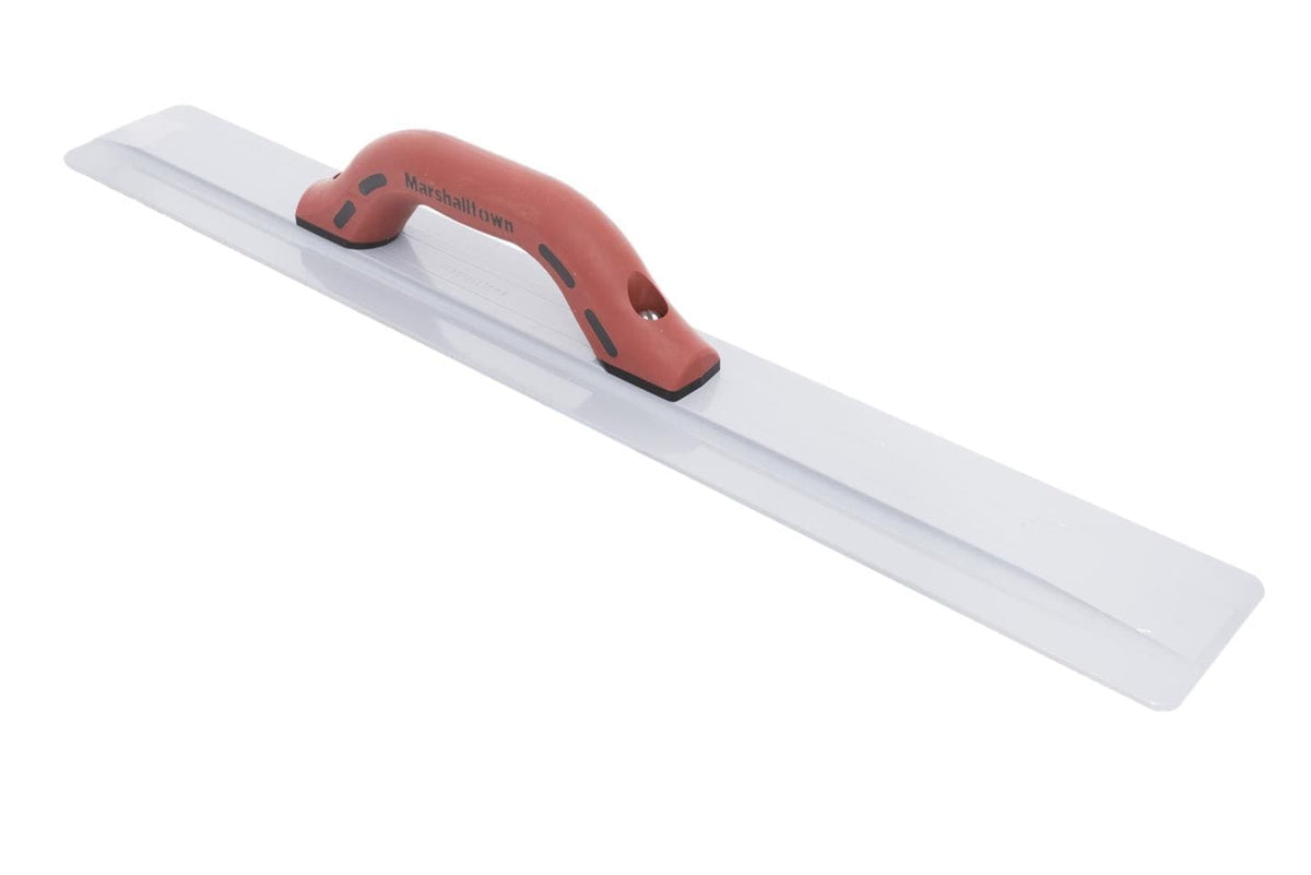 Side angle view of the magnesium float highlighting the beveled ends and the ergonomic curve of the red handle.