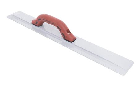 Side angle view of the magnesium float highlighting the beveled ends and the ergonomic curve of the red handle.