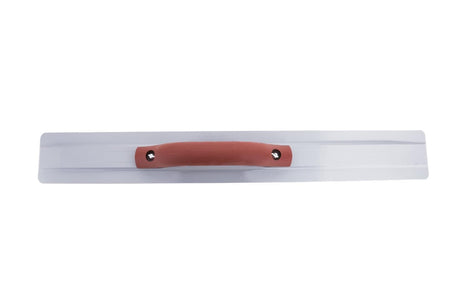 Top-down view of the hand float showing the red handle secured to the 20 inch blade with two screws.