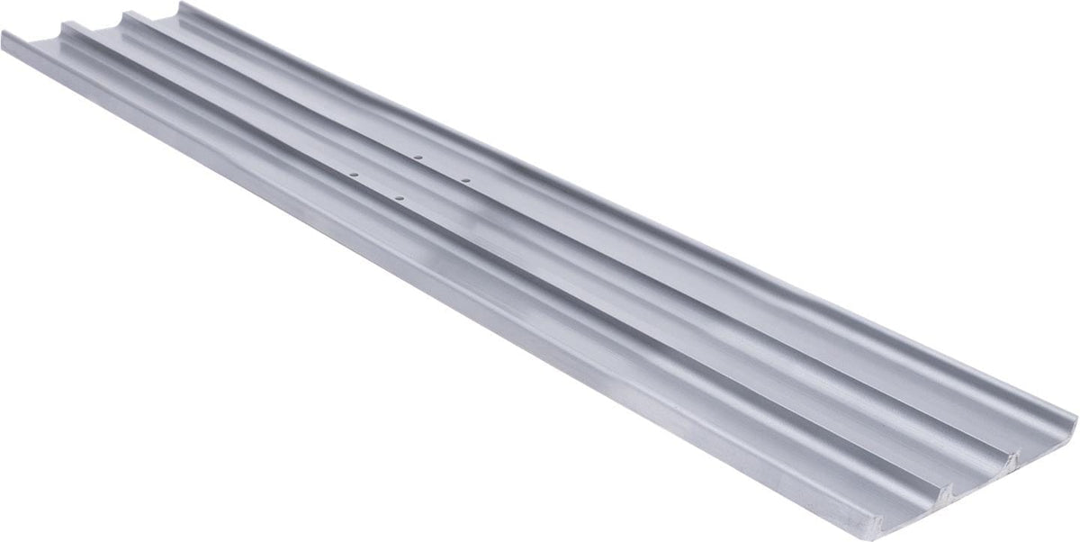 Angled view of the top of the grey magnesium bull float blade showing the reinforced ribs running the length of the tool.