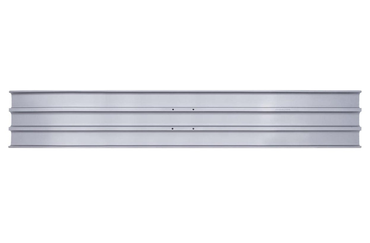 Overhead view of the rectangular bull float blade displaying the 48 inch length, square corners, and reinforcement ribs.