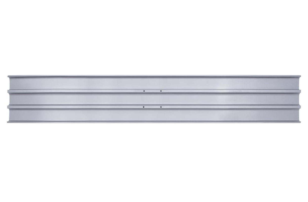 Overhead view of the rectangular bull float blade displaying the 48 inch length, square corners, and reinforcement ribs.