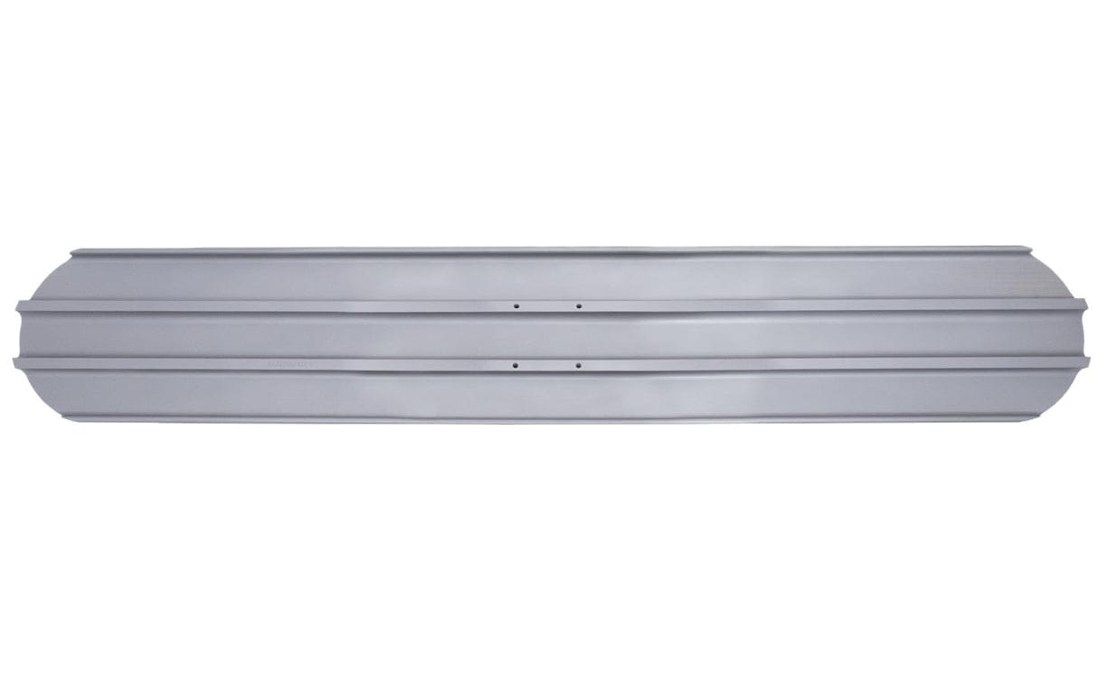 Overhead view of the rectangular bull float blade displaying the 48 inch length, rounded corners, and pre-drilled bracket mounting holes.