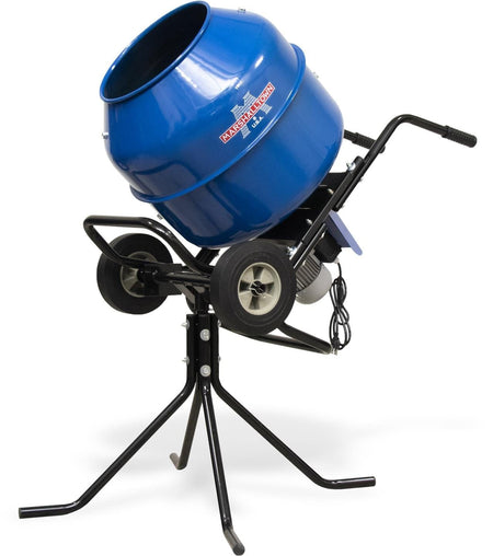A professional product photograph of the Marshalltown MIX3 electric wheelbarrow mixer featuring a blue 3 cubic foot steel drum mounted on a black frame with a support pedestal and flat-free tires.