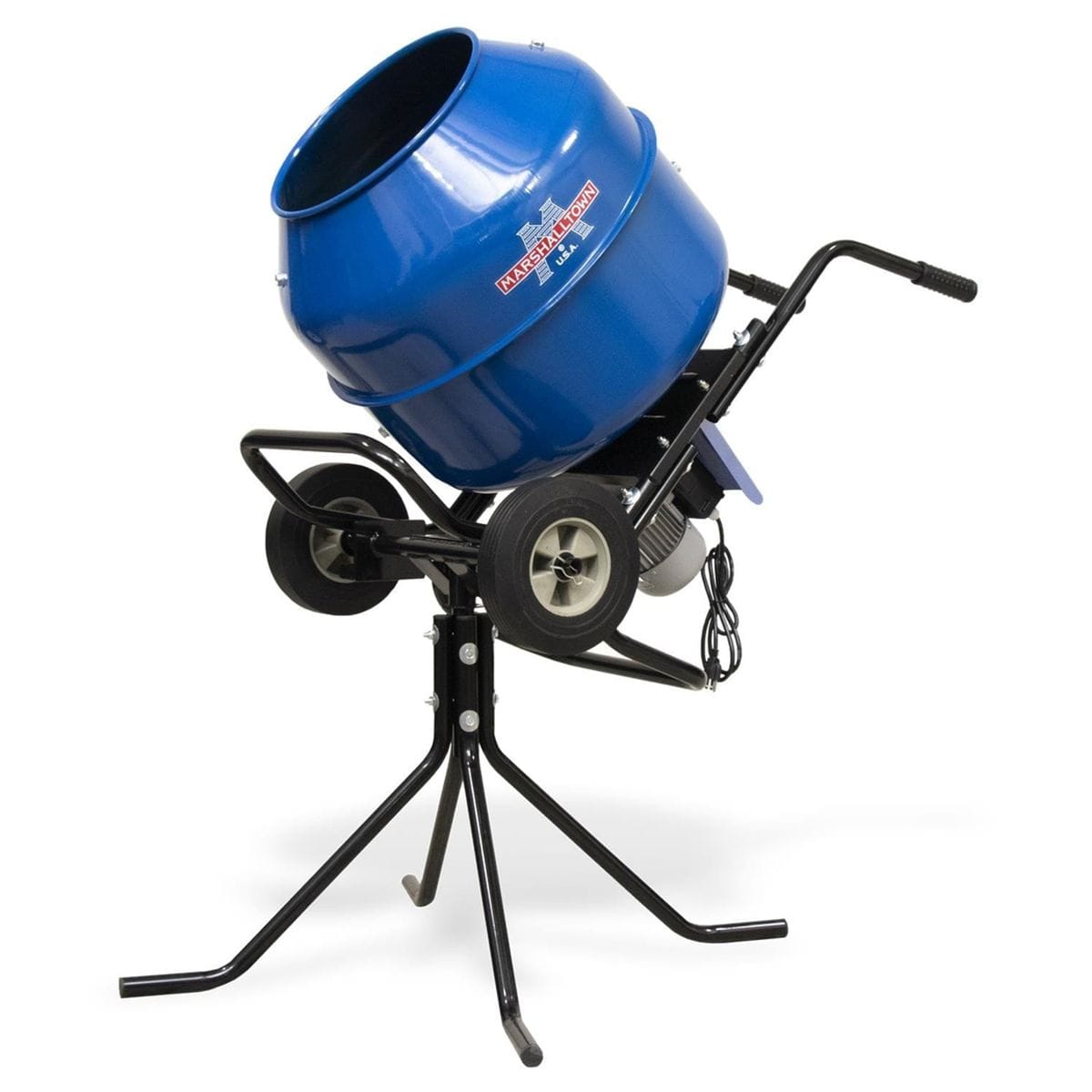 A professional product photograph of the Marshalltown MIX3 electric wheelbarrow mixer featuring a blue 3 cubic foot steel drum mounted on a black frame with a support pedestal and flat-free tires.