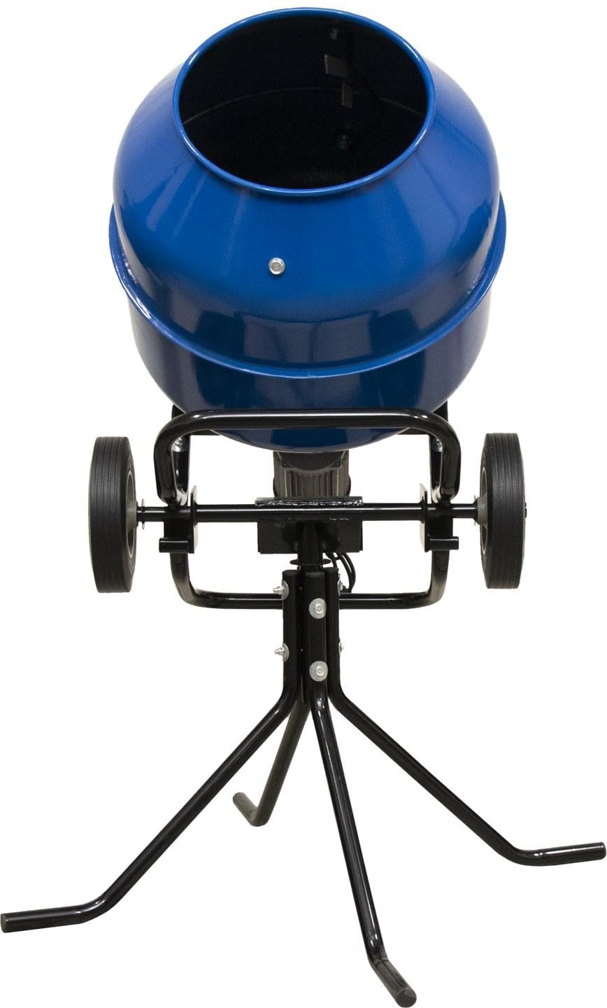 A rear-facing view of the Marshalltown MIX3 portable cement mixer showcasing the robust 1/2 HP electric motor housing, the steel frame assembly, and the dual flat-free rubber tires for jobsite mobility.