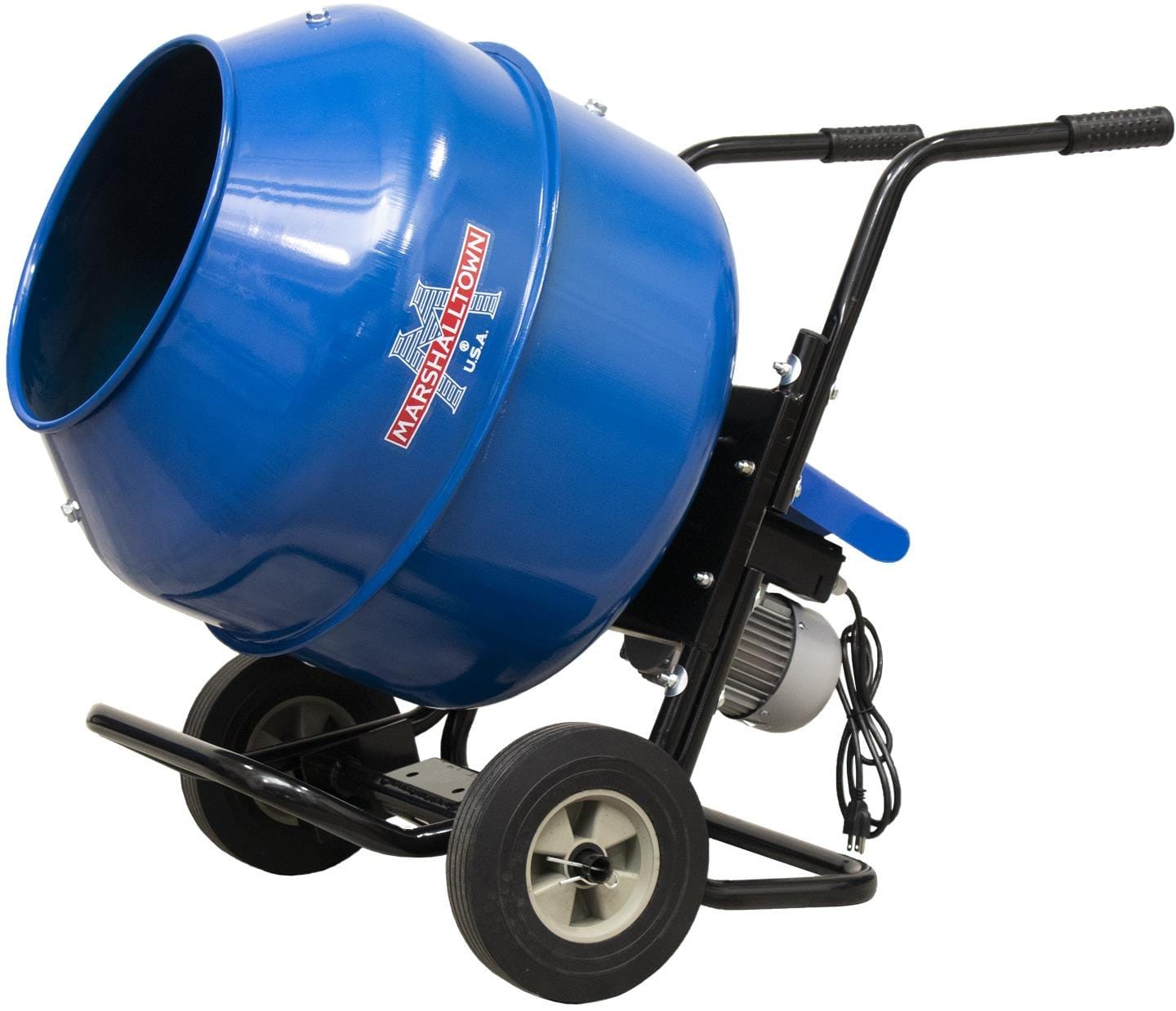 A side profile of the Marshalltown MIX3 wheelbarrow mixer highlighting the direct-drive gearbox, the large handles for easy transport, and the high-visibility blue drum designed for efficient concrete mixing.