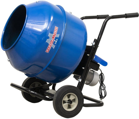 A side profile of the Marshalltown MIX3 wheelbarrow mixer highlighting the direct-drive gearbox, the large handles for easy transport, and the high-visibility blue drum designed for efficient concrete mixing.