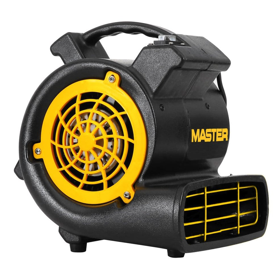 A perspective view of the Master MAC-700-DR industrial mini fan blower featuring a durable black plastic housing with a yellow intake grill and a directional air discharge snout for targeted carpet and floor drying.