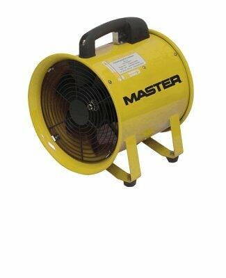 A studio image of the Master MAC-710-SF, a yellow 10-inch portable jobsite ventilator fan, showing its steel body, black handle, and stand.