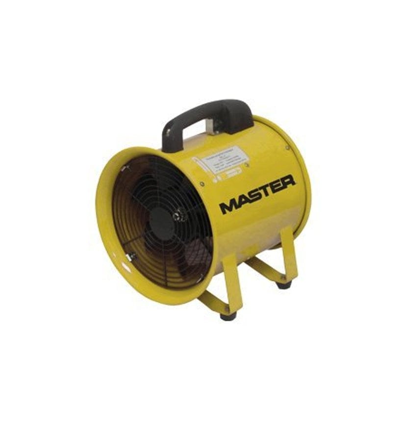 A studio image of the Master MAC-710-SF, a yellow 10-inch portable jobsite ventilator fan, showing its steel body, black handle, and stand.