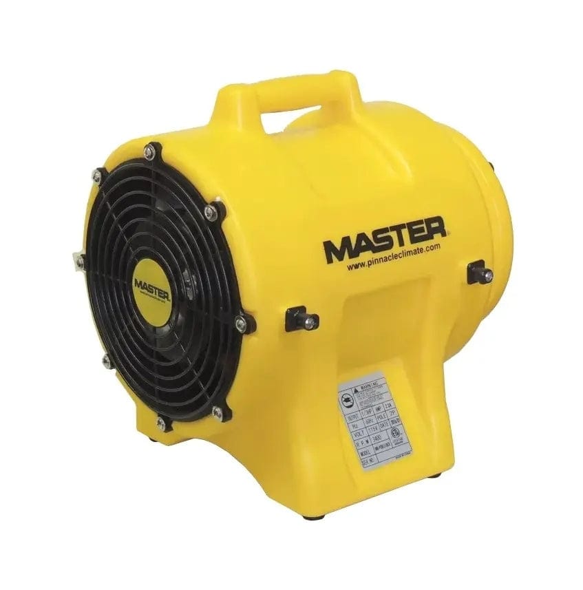 Angled studio view of the Master MB-P1210-DCR yellow confined space ventilator featuring a molded top handle, black front grille, and side canister latches.