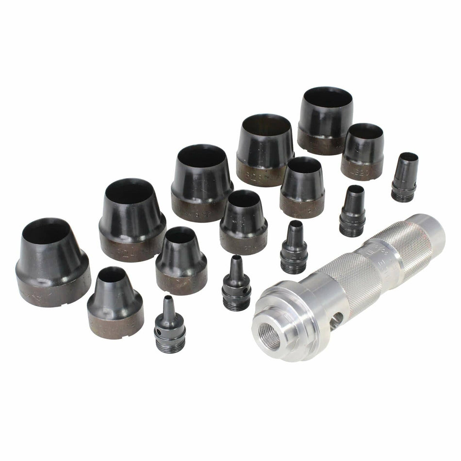 Automotive bearing and seal driver set with multiple black cylindrical adapters and a silver metal handle. Adapters vary in size and are designed for even pressure distribution during installation. Suitable for engine and transmission work.
