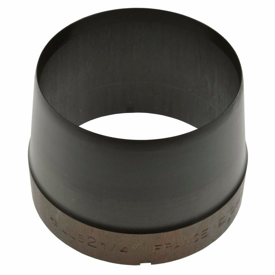 Metal pipe reducer fitting with a wide top opening tapering to a narrow bottom, made of dark steel or iron. Engraved text near the base includes '2 1/4' and 'FRANCE,' indicating size and country of origin. Used in plumbing or piping systems to connect pipes of different diameters.