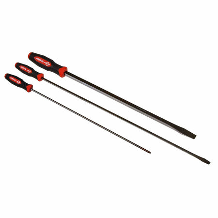 Three large screwdrivers with black shafts and red-accented ergonomic handles laid out side by side. Each has a slotted flathead tip and varies in length and thickness, showing the range of sizes included in the Mayhew 3-piece set for heavy-duty fastening tasks.