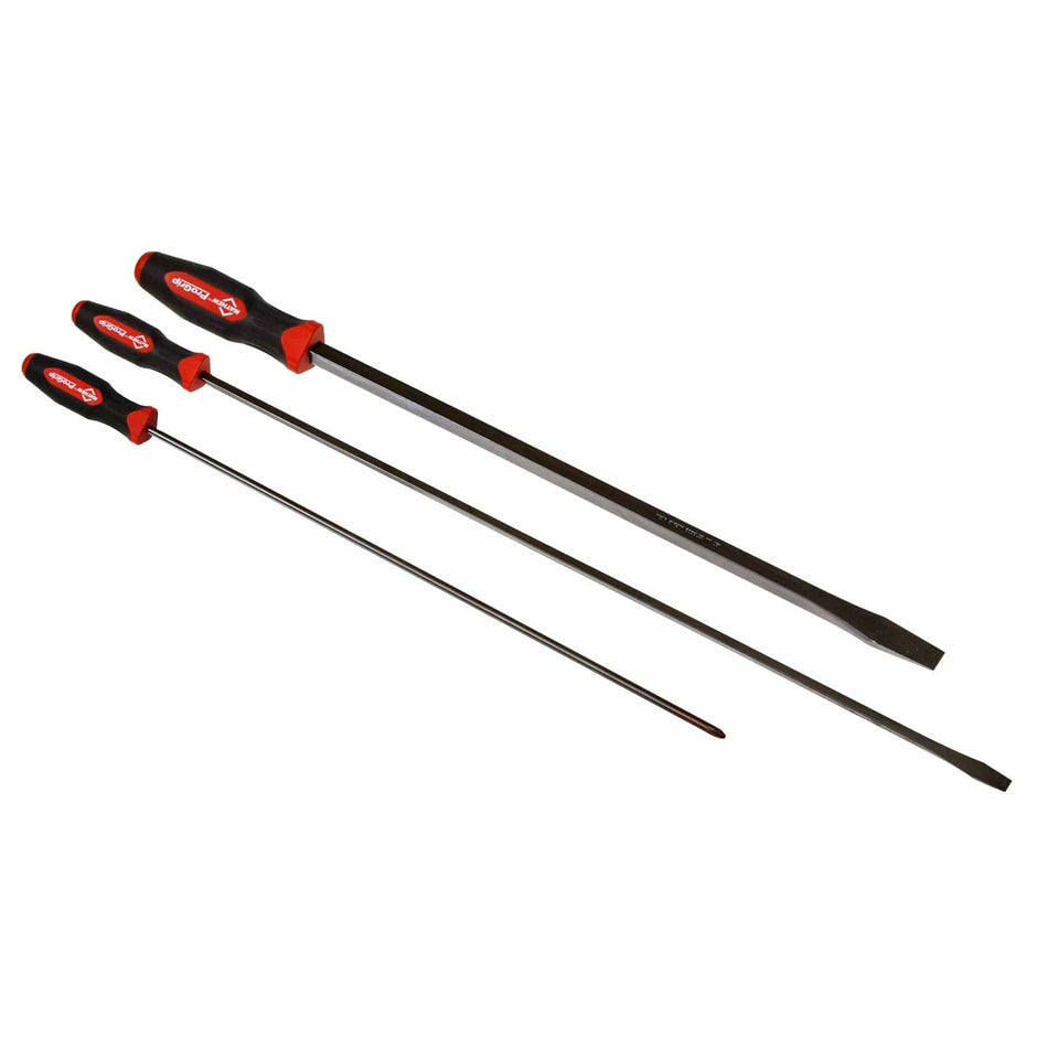 Three large screwdrivers with black shafts and red-accented ergonomic handles laid out side by side. Each has a slotted flathead tip and varies in length and thickness, showing the range of sizes included in the Mayhew 3-piece set for heavy-duty fastening tasks.