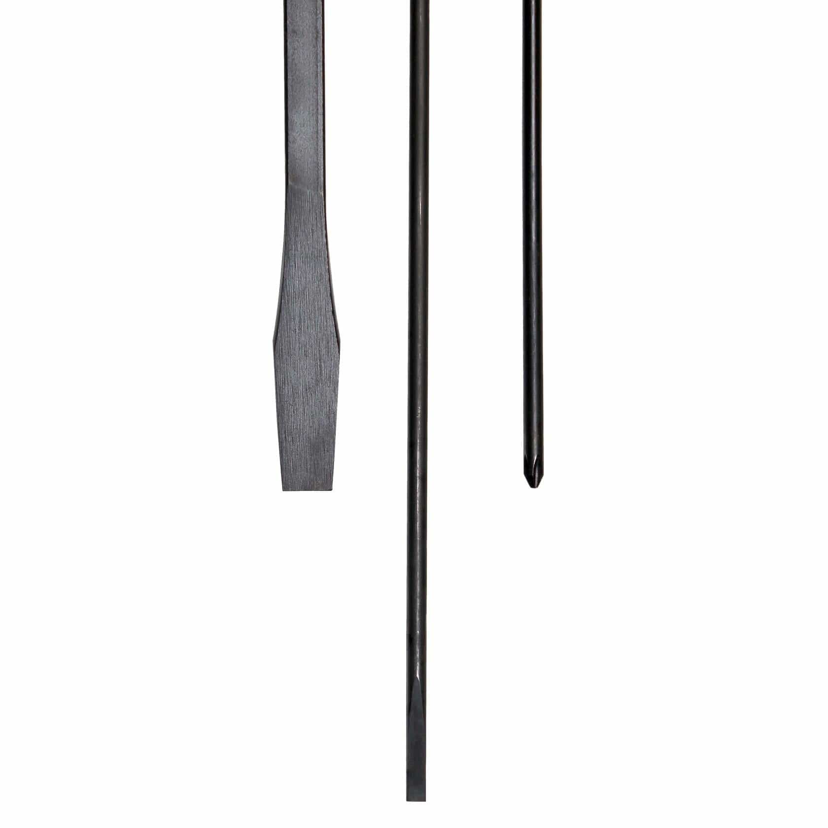 Close-up view of three screwdriver tips arranged side by side: a wide flathead, a narrow flathead, and a Phillips head with a cross-shaped tip. Highlights the variety of driver types included in the Mayhew 3-piece set for different fastening applications.