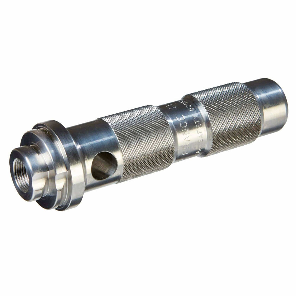 Metal cylindrical reloading die with knurled grip sections, threaded end, and central hole. Engraved  indicating manufacturer and caliber. Designed for resizing and preparing ammunition cases in handloading applications.