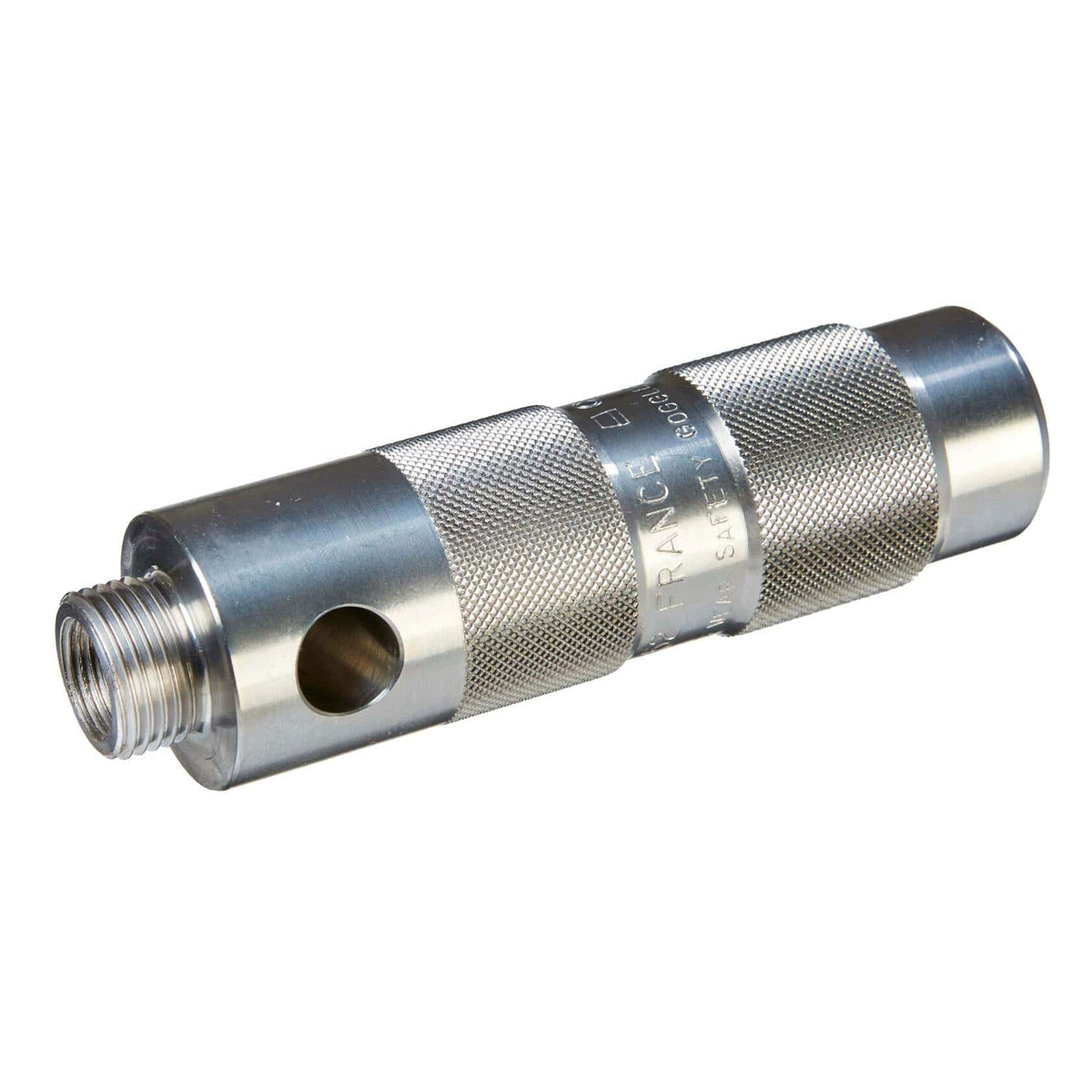 Metal cylindrical component with knurled grip surface, external threading on one end, and a large circular hole in the body. Engraved text includes 'FRANCE,' 'SAFETY,' and '3000 PSI,' indicating high-pressure safety use. Designed for secure installation in industrial or mechanical systems.