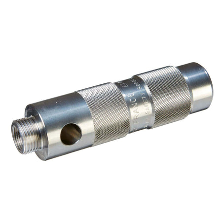 Metal cylindrical component with knurled grip surface, external threading on one end, and a large circular hole in the body. Engraved text includes 'FRANCE,' 'SAFETY,' and '3000 PSI,' indicating high-pressure safety use. Designed for secure installation in industrial or mechanical systems.