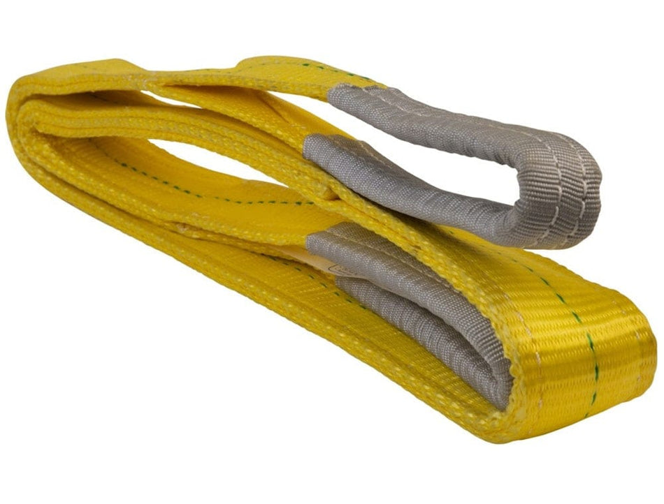 The Jet 2-ply yellow polyester web sling folded neatly, showing its thickness and the reinforced gray eye loops.