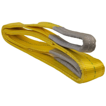 The Jet 2-ply yellow polyester web sling folded neatly, showing its thickness and the reinforced gray eye loops.