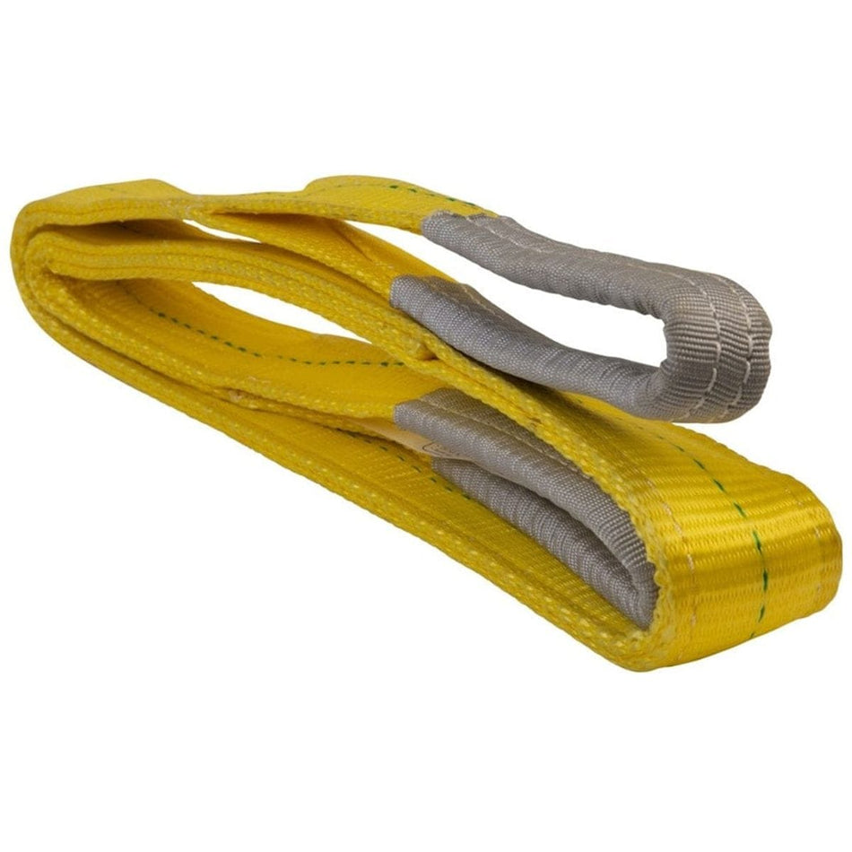 The Jet 2-ply yellow polyester web sling folded neatly, showing its thickness and the reinforced gray eye loops.