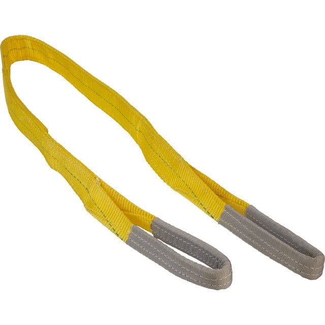 A full-length studio shot of the Jet 2-ply yellow polyester web sling, showing both reinforced gray eye loops.