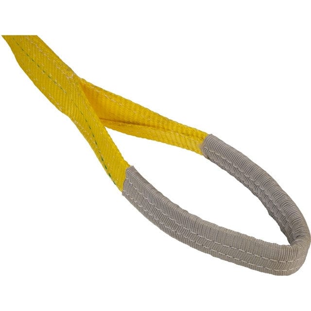 A close-up view of a reinforced gray eye loop on the end of the yellow Jet 2-ply polyester web sling.