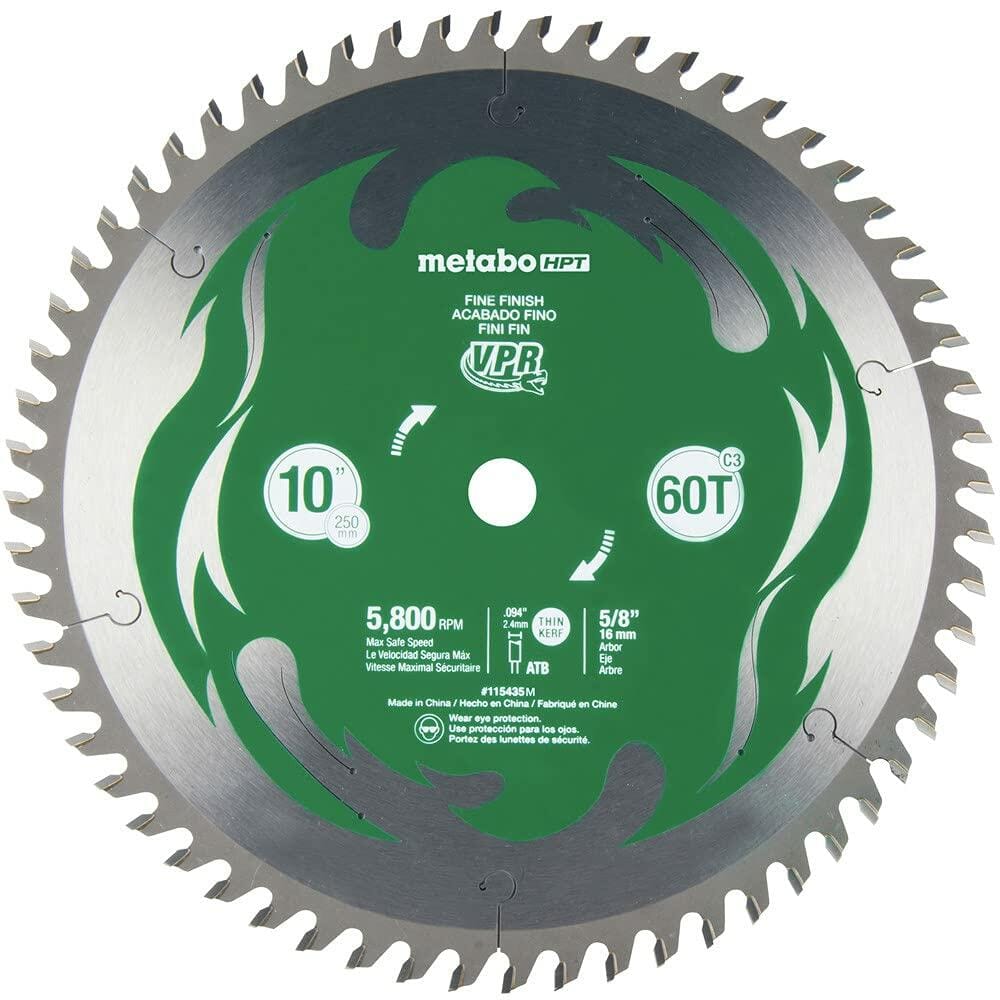 Close-up of Metabo HPT 10-inch saw blade with green center and silver teeth. Printed specs include 60T, 5/8" arbor, 0.094" kerf, and 5,800 RPM max speed. Designed for fine finish cuts in wood using miter or table saws