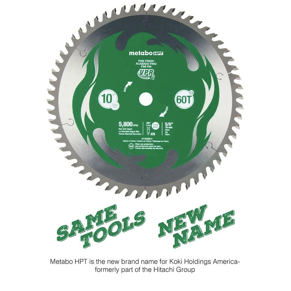 Metabo HPT 10-inch circular saw blade with green body and silver carbide teeth. Labeled for fine finish framing and ripping with 60 teeth and 5,800 RPM max speed. Includes VPR Technology and branding details about rebranding from Hitachi.