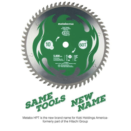 Metabo HPT 10-inch circular saw blade with green body and silver carbide teeth. Labeled for fine finish framing and ripping with 60 teeth and 5,800 RPM max speed. Includes VPR Technology and branding details about rebranding from Hitachi.