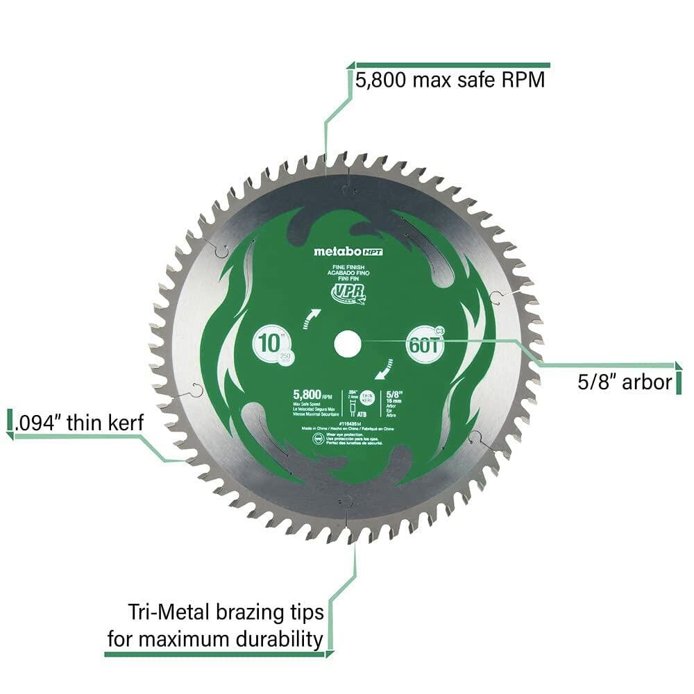 Metabo HPT 10-inch fine finish saw blade with green body, silver carbide teeth, and stylized flame graphics. Labeled with specs including 60T, 5/8" arbor, 0.098" kerf, and 5,800 RPM. Designed for precision wood cutting with miter and table saws.