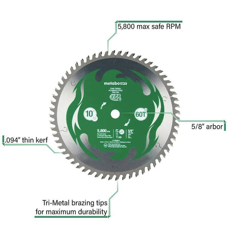 Metabo HPT 10-inch fine finish saw blade with green body, silver carbide teeth, and stylized flame graphics. Labeled with specs including 60T, 5/8" arbor, 0.098" kerf, and 5,800 RPM. Designed for precision wood cutting with miter and table saws.