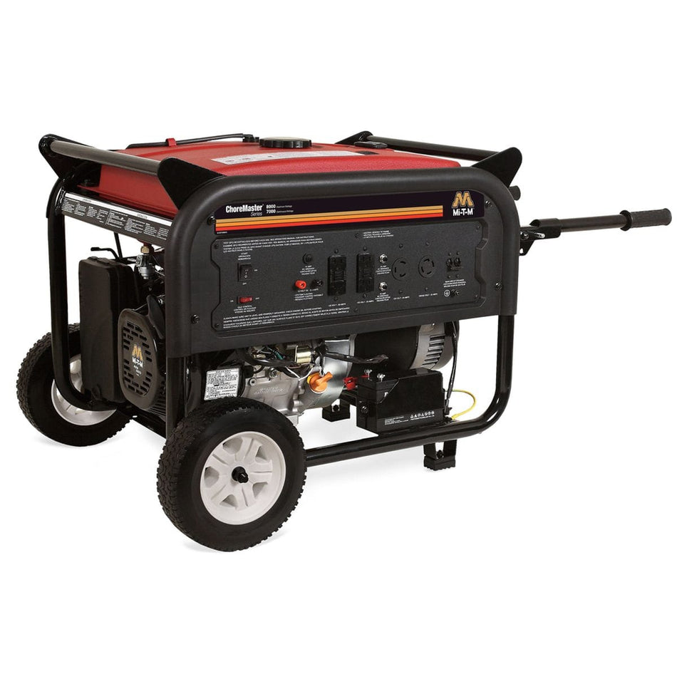 MI-T-M_GEN-8000-0MME Generator: The image shows a portable gasoline generator with a red body, black frame, and white wheels. It has a handle for easy movement and a control panel with switches and outlets. The generator is labeled "ChoreMaster Series" and "MT-M," suggesting it's a specific model designed for portable power.